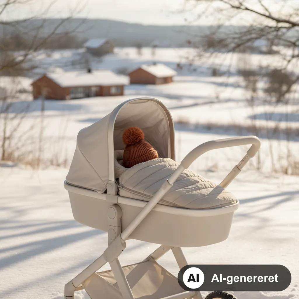 Baby ligger lunt i en kørepose i en barnevogn på en kold, solrig vinterdag (AI-genereret illustration)