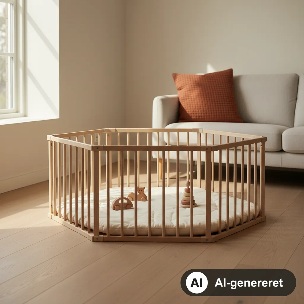 Femkantet kravlegård med blødt underlag står i en lys stue med legetøj indenfor gitteret (AI-genereret illustration)