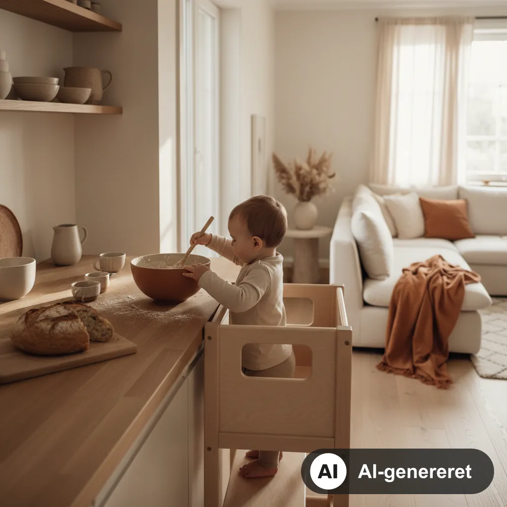 Lille barn står trygt i et læringstårn ved køkkenbordet og hjælper til i et hyggeligt skandinavisk køkken (AI-genereret illustration)