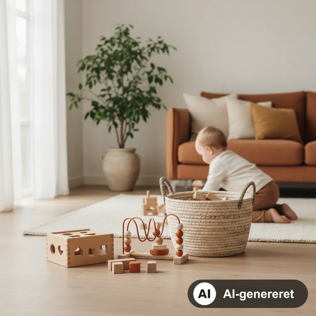 Puttekasse i træ, stabletårn og perlelabyrint står fremme på gulvet i en lys dansk stue, mens et lille barn kravler hen mod en kurv med klodser (AI-genereret illustration)