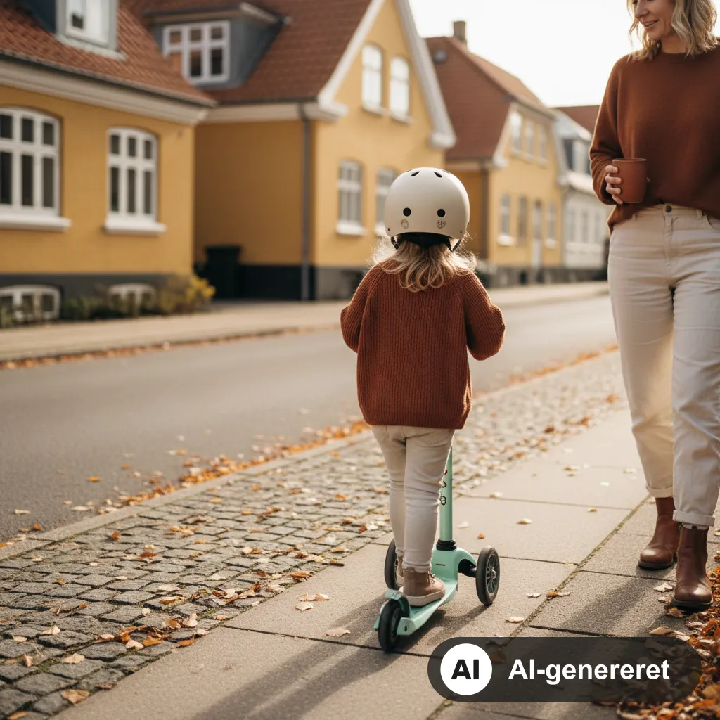 Lille pige i cykelhjelm og brun strik kører på et mintgrønt løbehjul på et fortov langs gule huse i efterårssol, mens en voksen med kaffekop går ved siden af (AI-genereret illustration)