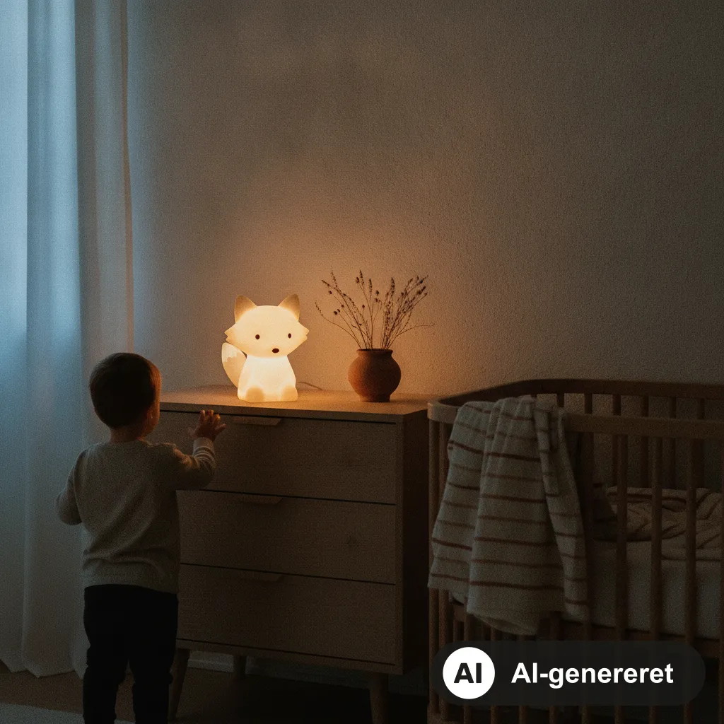 Blødt lysende natlampe i silikone på en kommode ved en tremmeseng i et mørkt, roligt børneværelse (AI-genereret illustration)