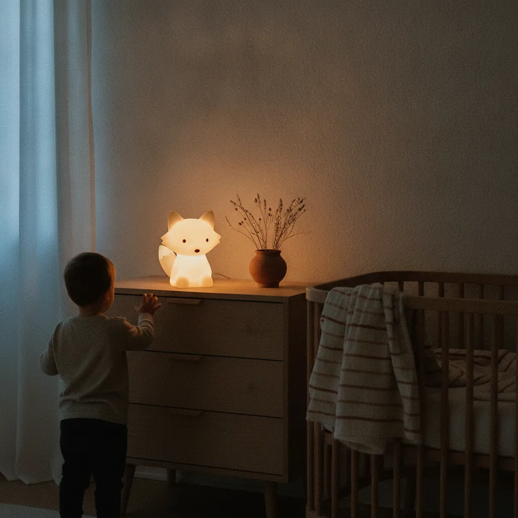 Blødt lysende natlampe i silikone på en kommode ved en tremmeseng i et mørkt, roligt børneværelse