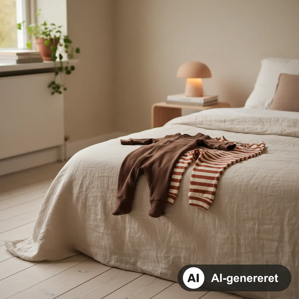 Foldet natdragt i brun merinould og en stribet todelt pyjamas ligger på et sengetæppe i et dæmpet dansk soveværelse med en natlampe i baggrunden (AI-genereret illustration)