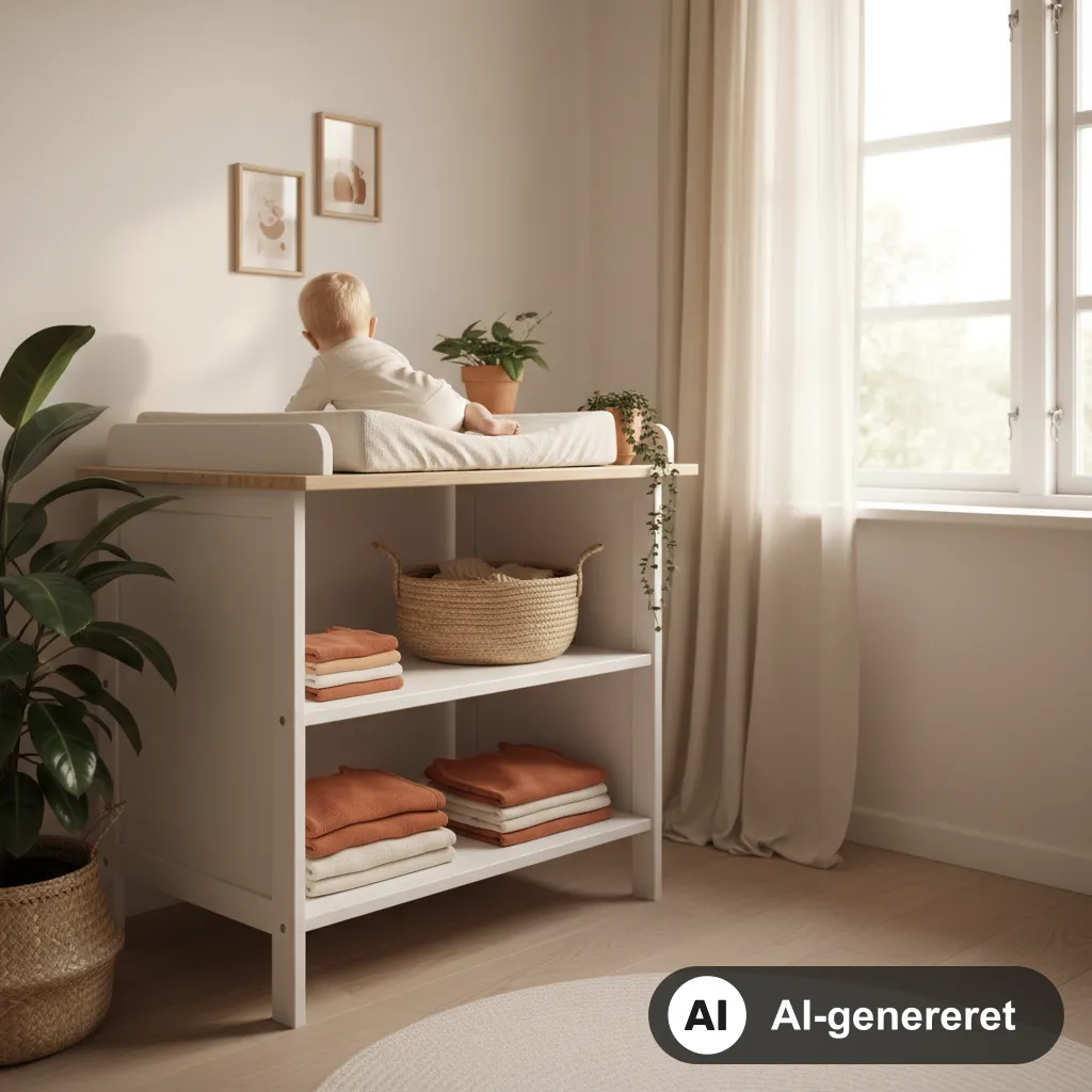 Hvidt puslebord i et lyst skandinavisk børneværelse med foldet babytøj og en kurv på de åbne hylder (AI-genereret illustration)