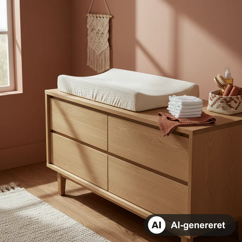 Puslepude med høje sider ligger klar på en puslekommode med bleer og vaskeklude ved siden af (AI-genereret illustration)