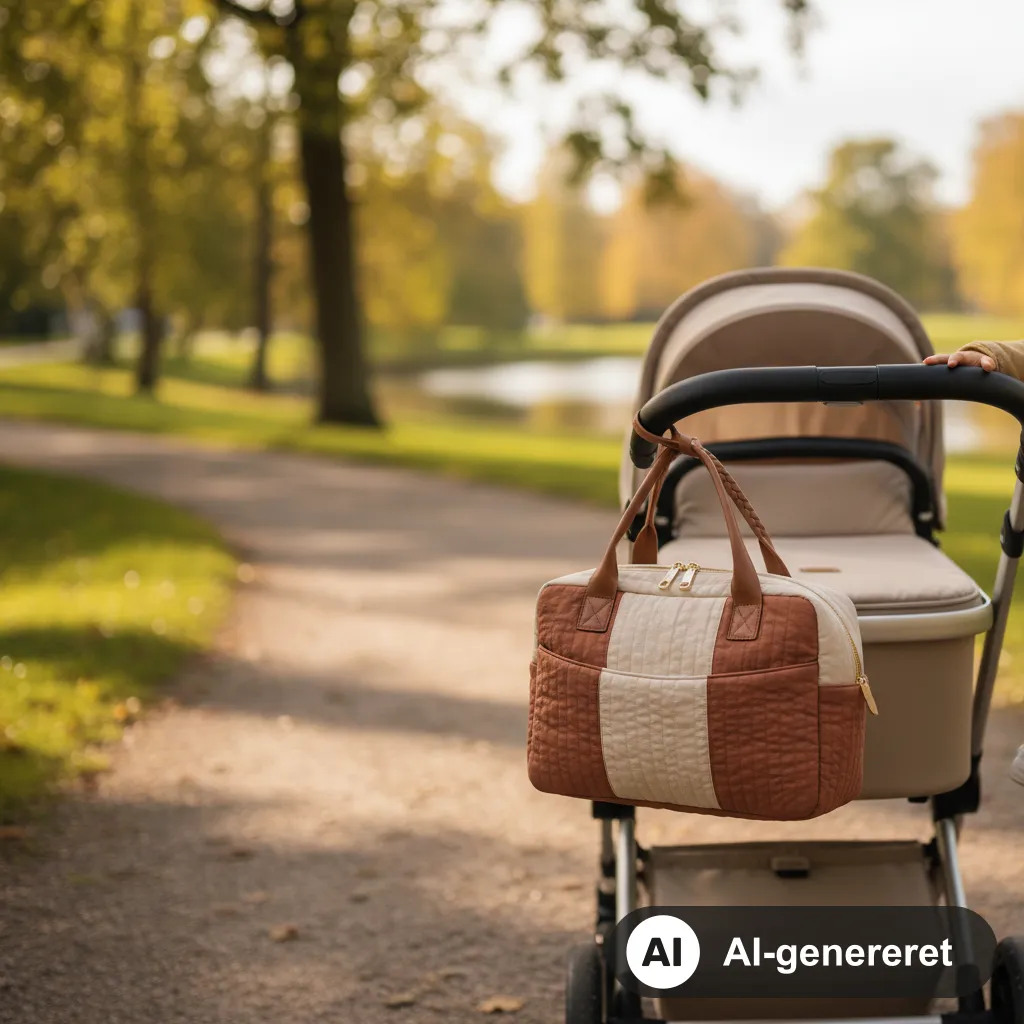 Quiltet pusletaske hænger på håndtaget af en barnevogn på en sti i en dansk park om efteråret (AI-genereret illustration)