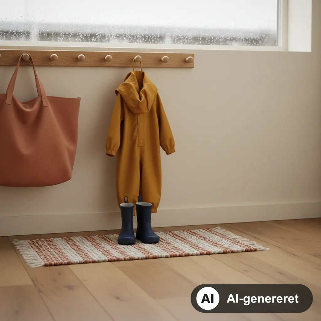 Gult børneregnsæt og gummistøvler står klar ved en hoveddør med regndråber på ruden (AI-genereret illustration)