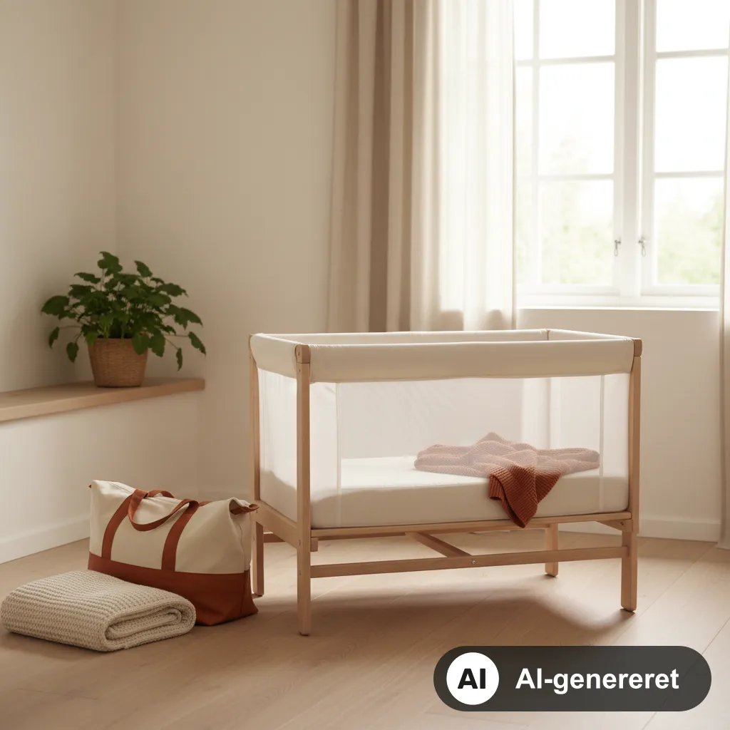 Opslået rejseseng med net-sider i et lyst sommerhusværelse, pakket weekendtaske og tæppe ved siden af (AI-genereret illustration)