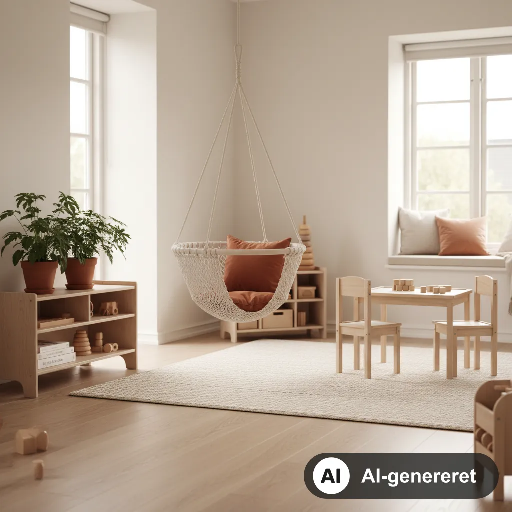 Rund sansegynge i stof hængt op i et lyst, hyggeligt nordisk legerum med puder og planter (AI-genereret illustration)
