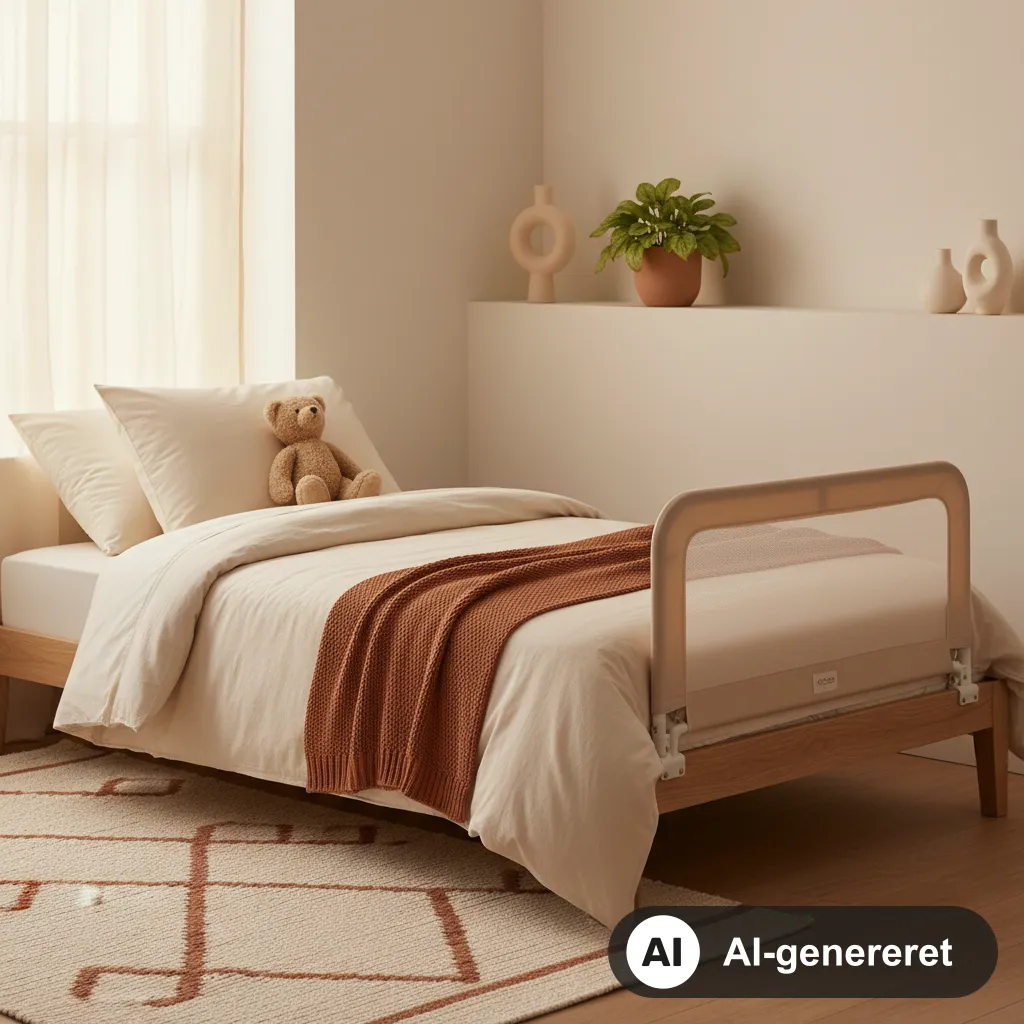 Juniorseng med monteret sengehest med net i et roligt børneværelse med aftenlys (AI-genereret illustration)