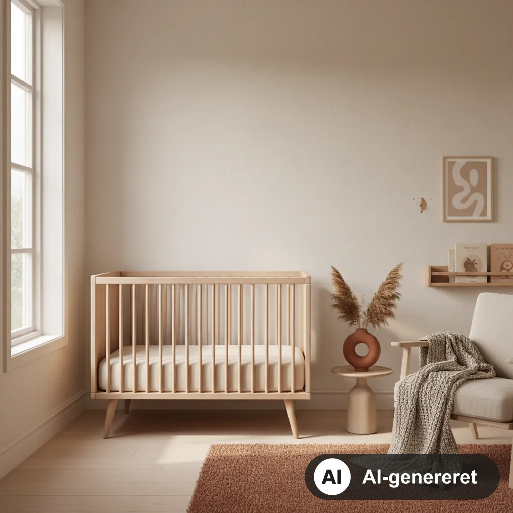 Tremmeseng med almindeligt lagen og uden sengerand i et lyst, roligt soveværelse i cremede toner (AI-genereret illustration)