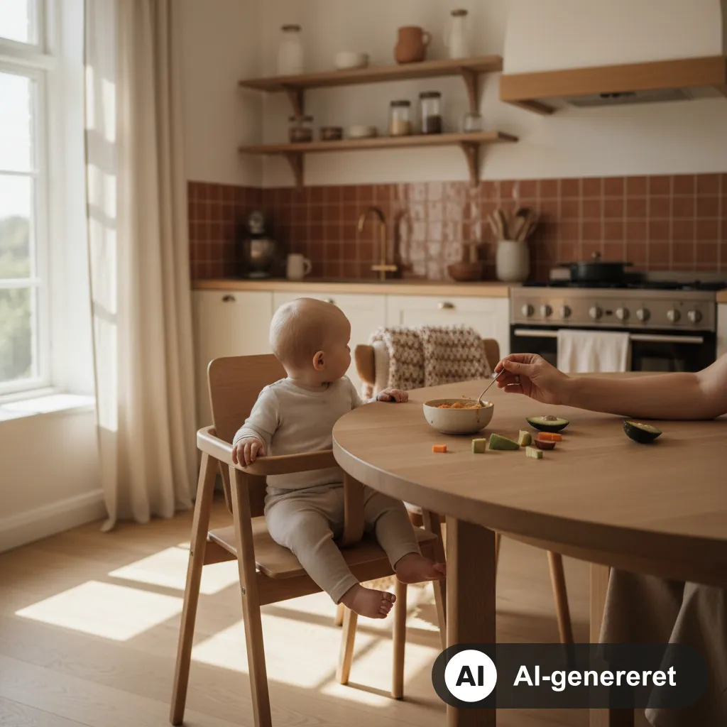 Baby sidder oprejst i høj stol og spiser sin første skemad med grøntsagsmos og bløde madstykker (AI-genereret illustration)