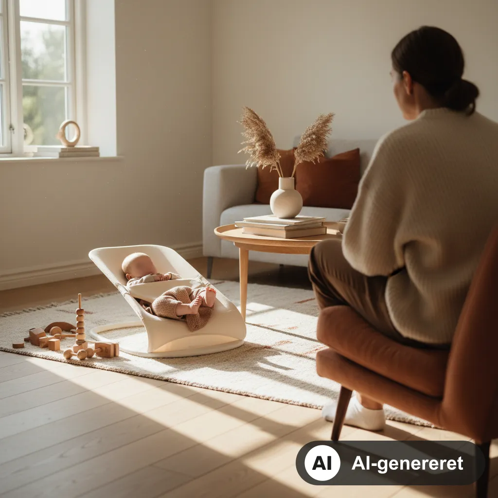 Baby ligger afslappet i en blød skråstol på gulvet i en lys dansk stue, mens en voksen sidder ved siden af (AI-genereret illustration)