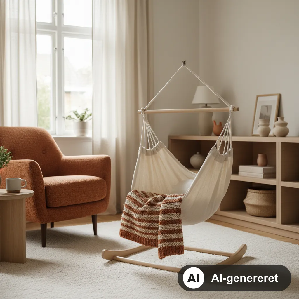 Slyngevugge i stof hængt op i et lyst nordisk hjem med lingardiner i cremede og terrakotta toner (AI-genereret illustration)