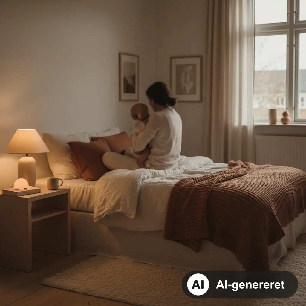 Træt forælder trøster en vågen baby om natten i et dæmpet, halvmørkt soveværelse (AI-genereret illustration)