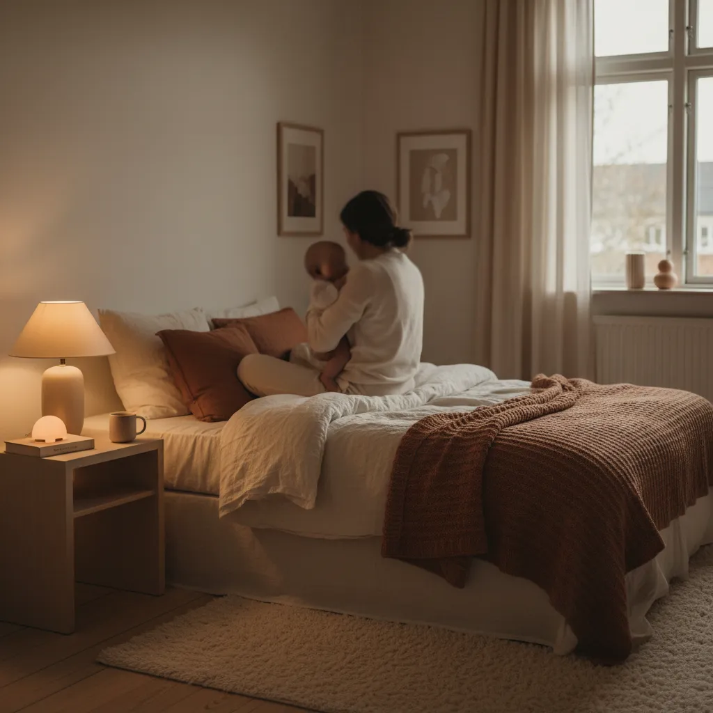 Træt forælder trøster en vågen baby om natten i et dæmpet, halvmørkt soveværelse