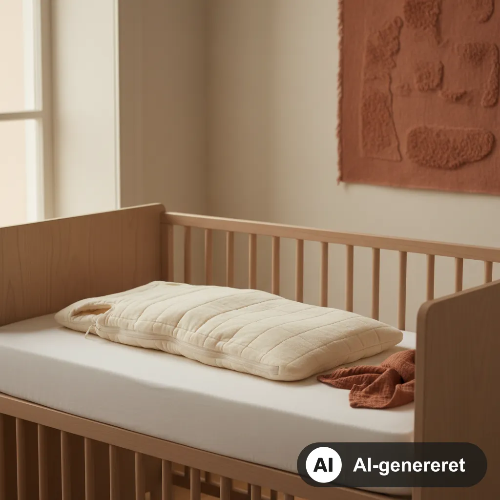 Lys sovepose med lynlås ligger klar i en tremmeseng med hvidt lagen i et roligt børneværelse (AI-genereret illustration)