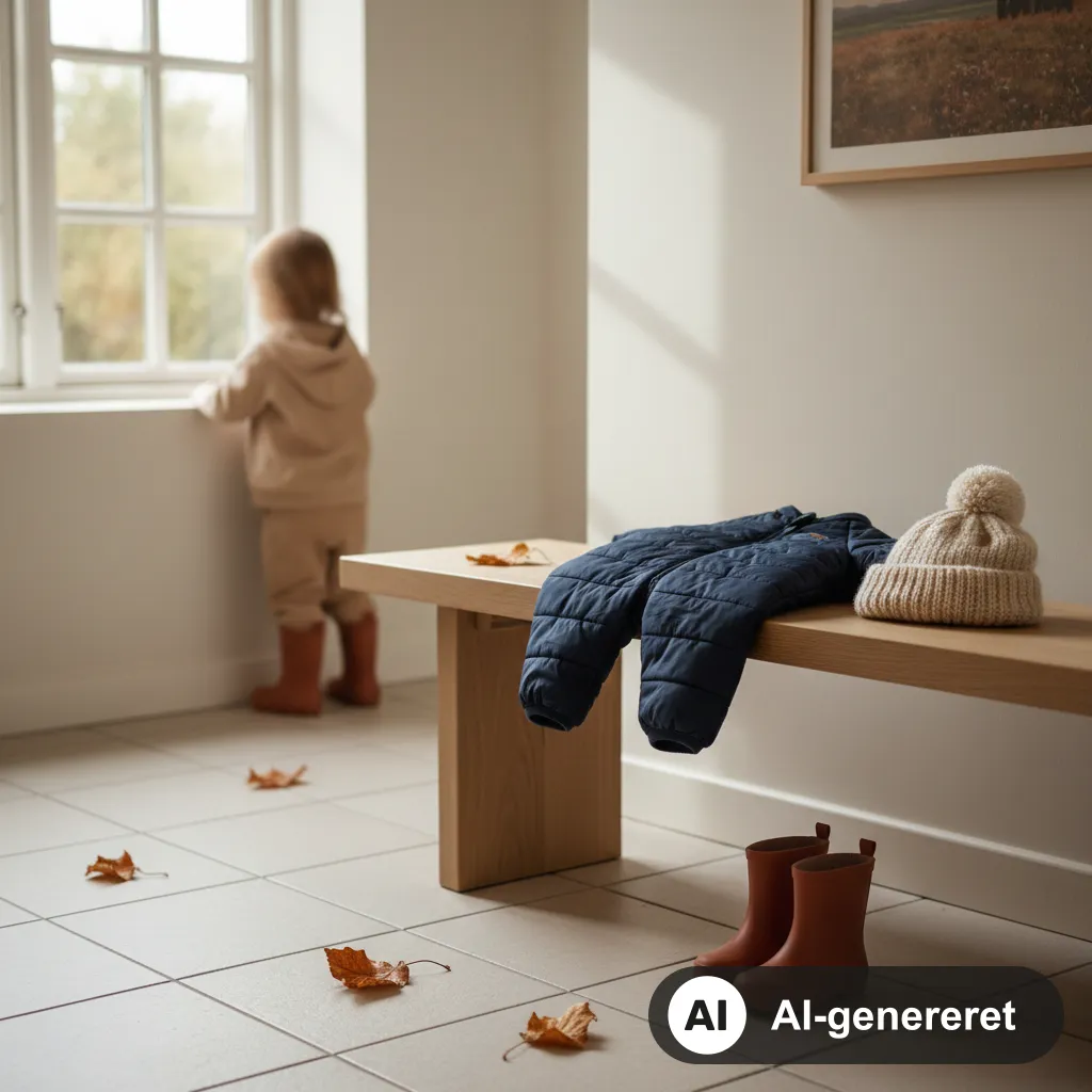 Mørkeblå termodragt til småbarn ligger på en egetræsbænk i en lys dansk entré med hue og gummistøvler ved siden af (AI-genereret illustration)