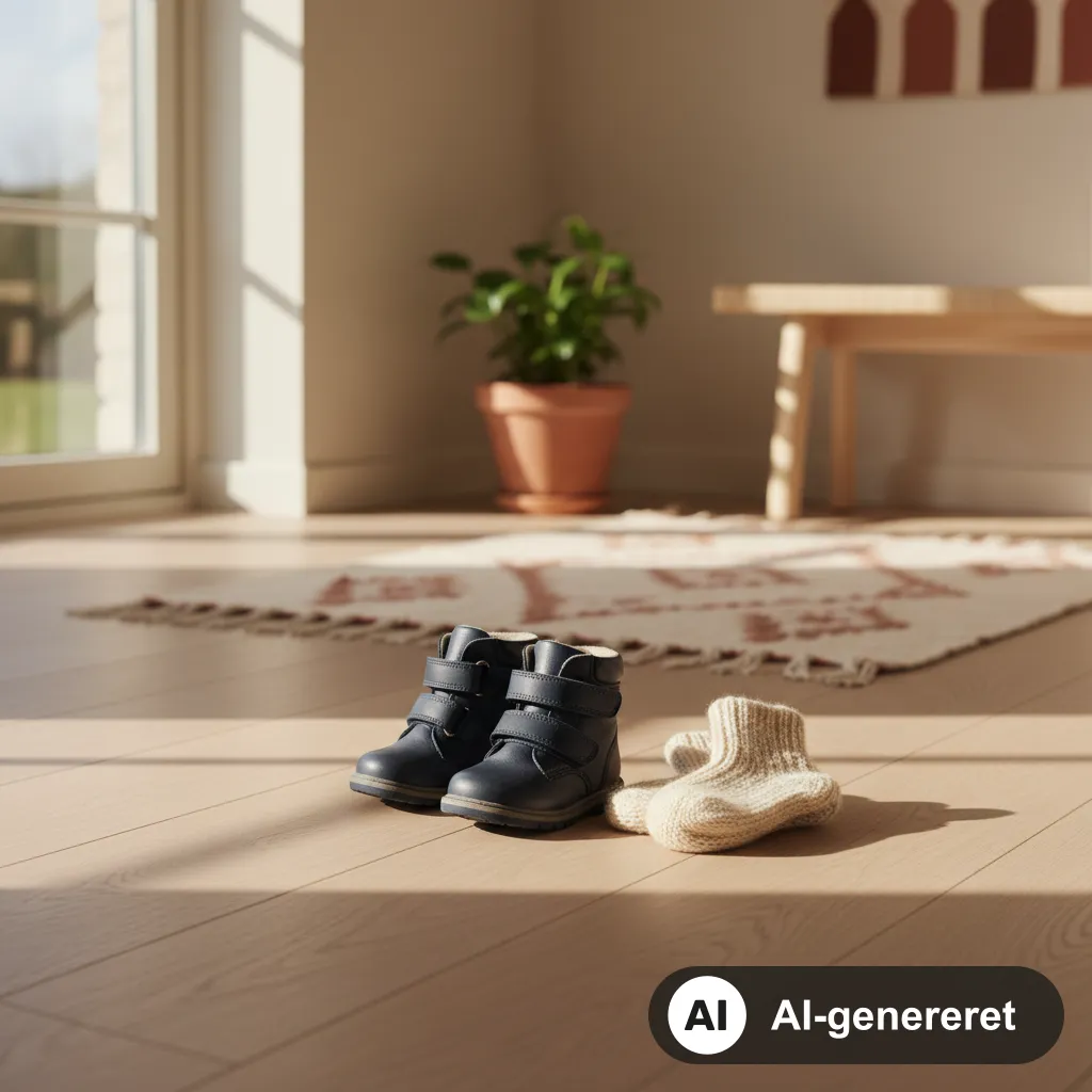Mørkeblå vinterstøvler i skind til barn med velcroremme står på et egetræsgulv i en dansk entré ved siden af tykke uldsokker (AI-genereret illustration)