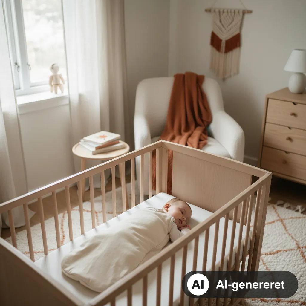 Baby sover trygt på ryggen i en almindelig sovepose i en tremmeseng i et roligt, lyst soveværelse (AI-genereret illustration)