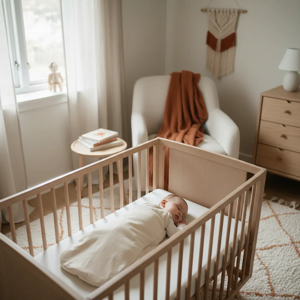 Baby sover trygt på ryggen i en almindelig sovepose i en tremmeseng i et roligt, lyst soveværelse