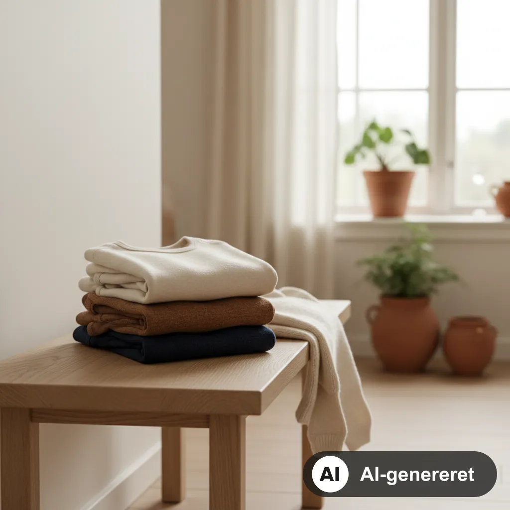 Stak af foldet uldundertøj til barn i cremefarvet, brun og mørkeblå på en egetræsbænk i en lys dansk entré (AI-genereret illustration)