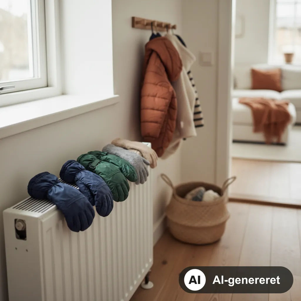 Mørkeblå og grønne vandtætte børneluffer og strikkede uldluffer ligger til tørre på en radiator i en dansk entré med overtøj på knagerne (AI-genereret illustration)