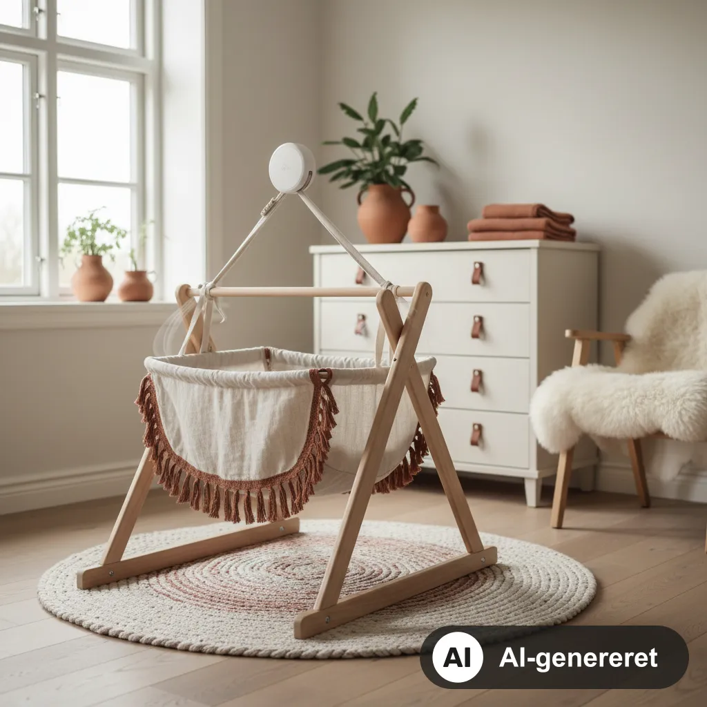 Hvid vuggemotor monteret over en slyngevugge i et lyst, roligt nordisk soveværelse i cremede toner (AI-genereret illustration)