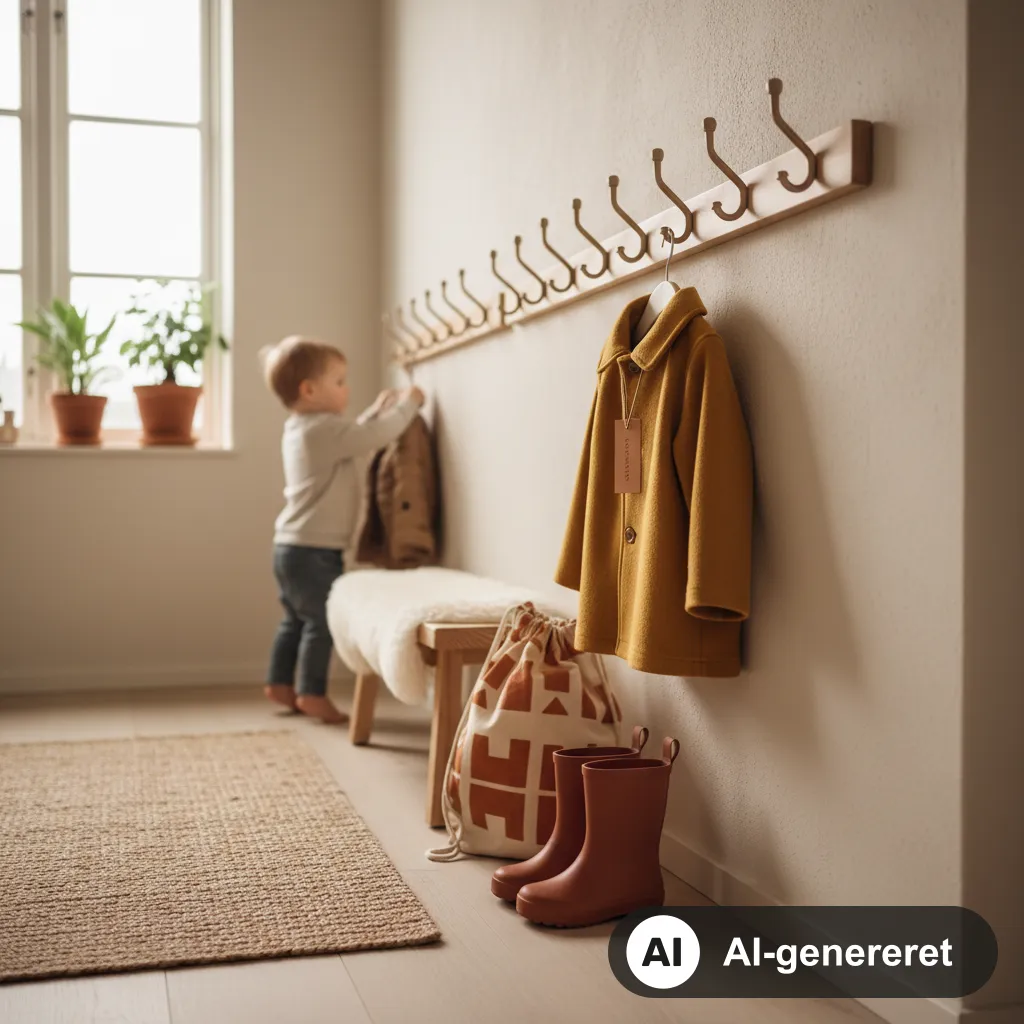 Barnets garderobeplads i en vuggestue med navnemærket overtøj, futter og skiftetøj klar til første dag (AI-genereret illustration)